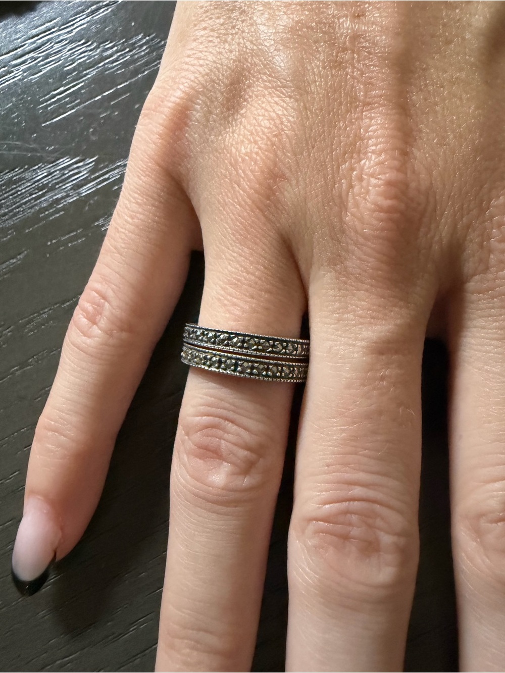 Sterling Silver Tone Vintage Marcasite Stackable Band - Black/Silver